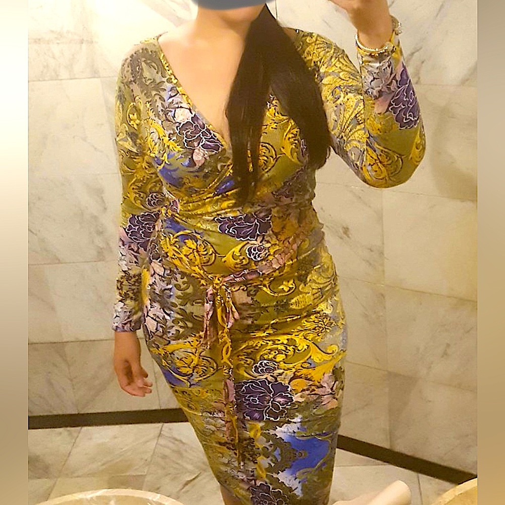 Bodycon midi long sleeve faux wrap floral print dress, size L